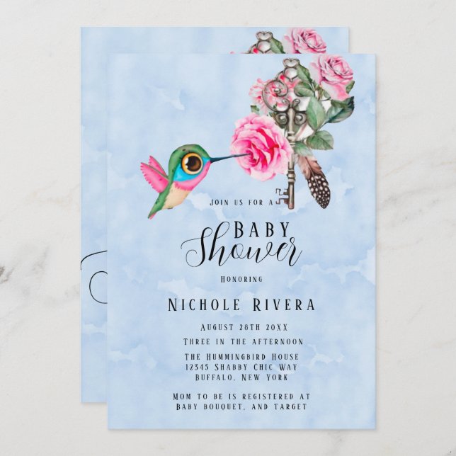 Chic Hummingbird Floral Key Baby Boy Shower Invitation (Front/Back)