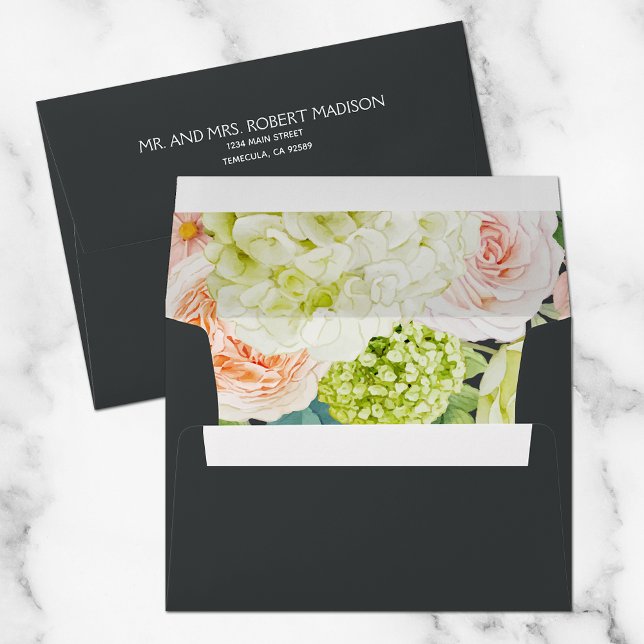 Chic Hydrangea Roses Floral Lined Dark Envelope (Creator Uploaded)