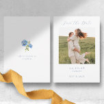 Chic Hydrangea Script Photo Save The Date Card<br><div class="desc">This beautiful oh so chic and minimal, white wedding 'Save The Date' card showcases your couple photo, elegant brush script text, event date and address location, along with a contemporary set of fonts in dusty blue, against a white background. The back of the card includes a a lovely blue hydrangea...</div>