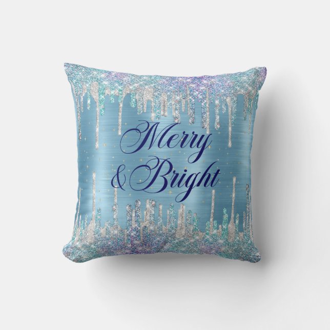 Chic ice blue aqua dripping glitter Christmas  Cushion (Front)