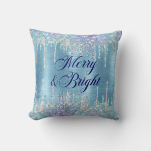 Chic ice blue aqua dripping glitter cushion