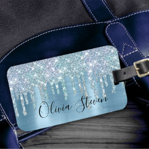Chic ice blue aqua dripping glitter monogram luggage tag