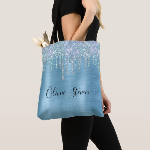 Chic ice blue aqua dripping glitter monogram tote bag