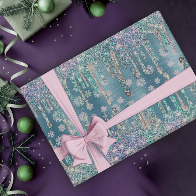 Chic ice blue aqua dripping glitter wrapping paper (Creator Uploaded)
