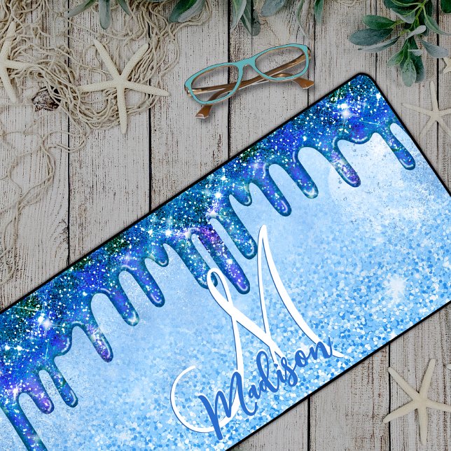 Chic ice blue ombre glitter drips monogram noteboo desk mat (Creator Uploaded)