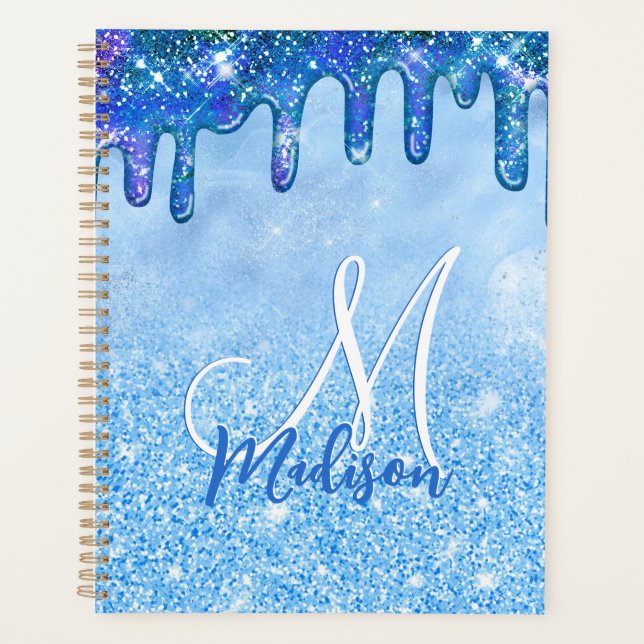 Chic ice blue ombre glitter drips monogram noteboo planner (Front)