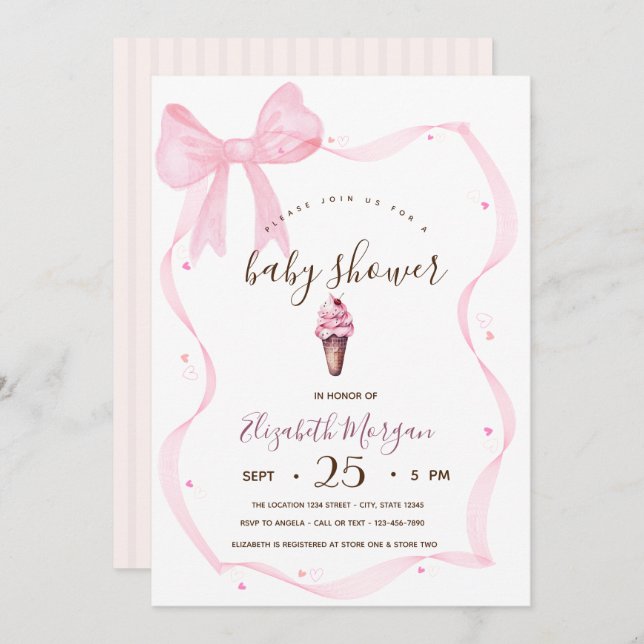 Chic Ice cream Bow Striped Baby Shower Invitation (Front/Back)