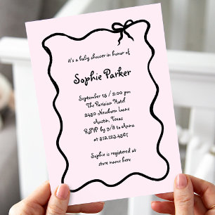 Chic Illustrated French Bow Pink Baby Shower Invitation