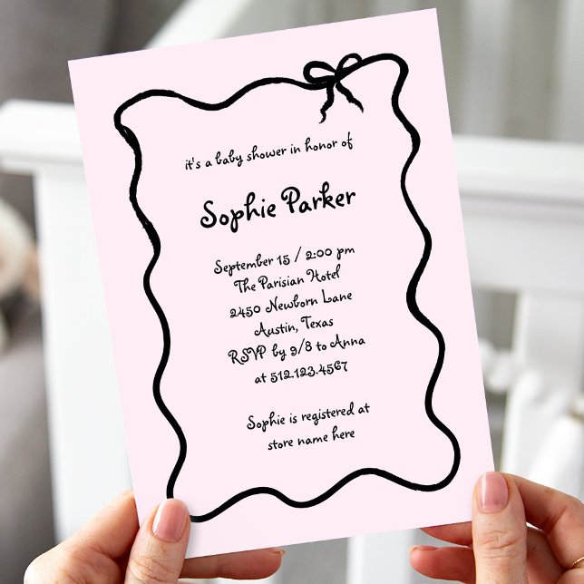 Chic Illustrated French Bow Pink Baby Shower Invitation (Creator Uploaded)