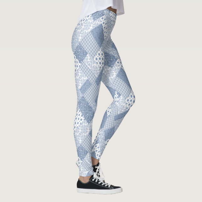 Chic Indigo Blue and White Faux Patchwork Pattern Leggings (Right)
