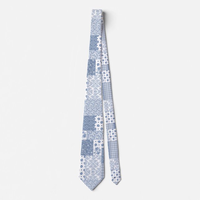 Chic Indigo Blue Faux Patchwork Unisex Necktie (Front)