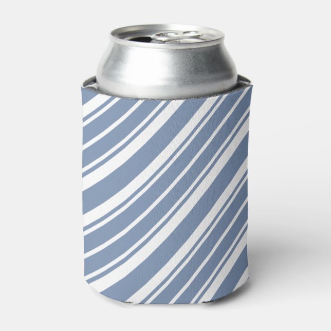 Chic Indigo Blue, White Ticking Stripes Can Cooler (Can Front)