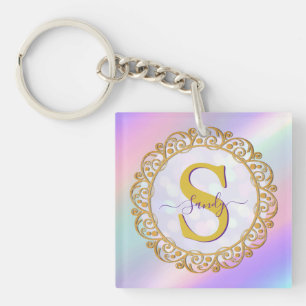 Chic Iridescent Initial With Gold Scrollwork Key Ring