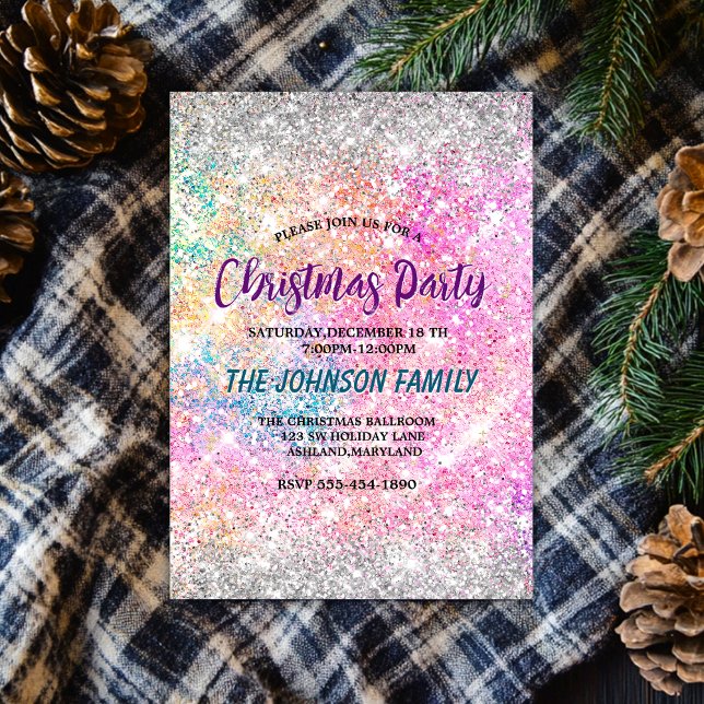 Chic iridescent pink silver faux glitter Christmas Invitation (Creator Uploaded)