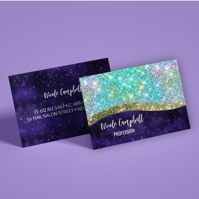 Chic iridescent purple blue faux glitter monogram business card (Creator Uploaded)