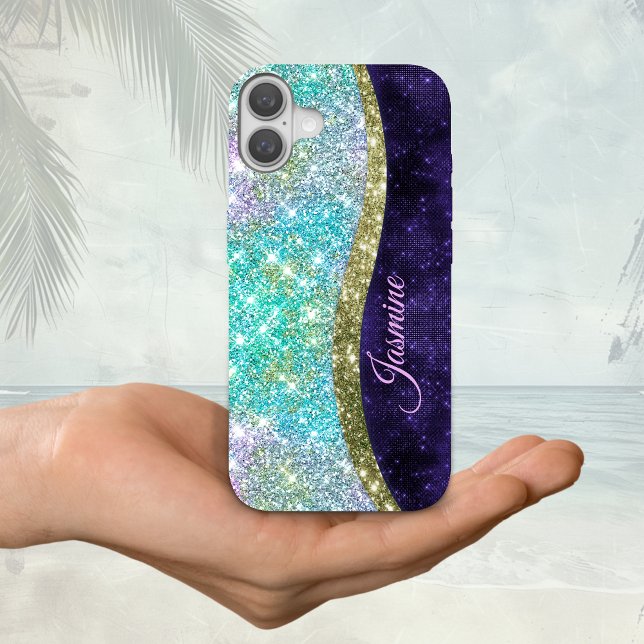 Chic iridescent purple blue faux glitter monogram Case-Mate iPhone case (Creator Uploaded)