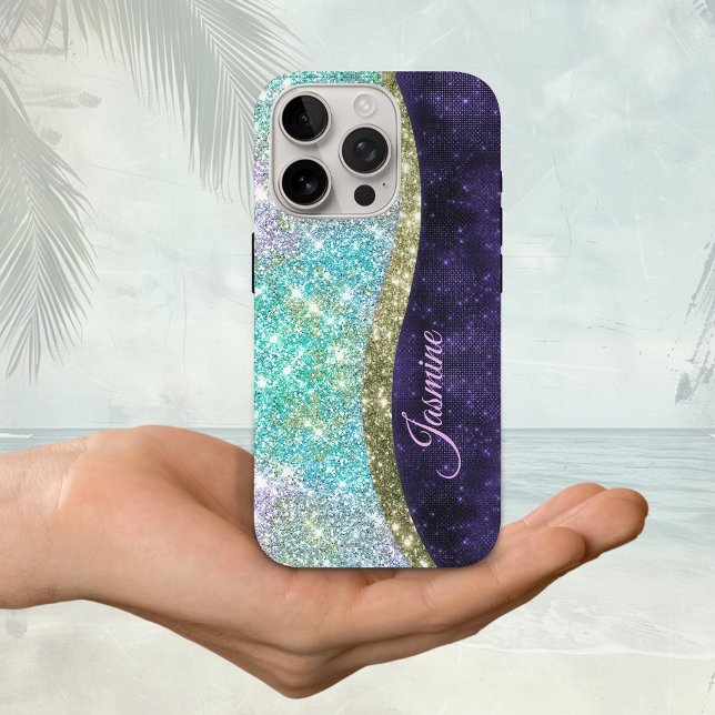 Chic iridescent purple blue faux glitter monogram Case-Mate iPhone case (Creator Uploaded)
