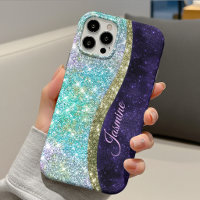 Chic iridescent purple blue faux glitter monogram
