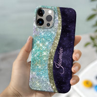 Chic iridescent purple blue faux glitter monogram