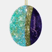 Chic iridescent purple blue faux glitter monogram ceramic ornament (Right)