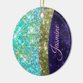 Chic iridescent purple blue faux glitter monogram ceramic ornament (Left)