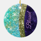Chic iridescent purple blue faux glitter monogram ceramic ornament (Back)