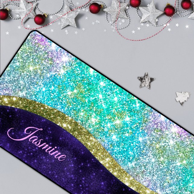 Chic iridescent purple blue faux glitter monogram desk mat (Creator Uploaded)