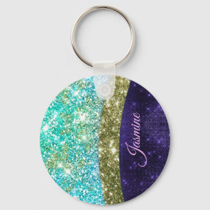 Chic iridescent purple blue faux glitter monogram key ring