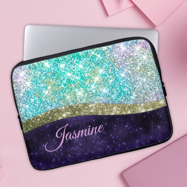 Chic iridescent purple blue faux glitter monogram laptop sleeve (Creator Uploaded)