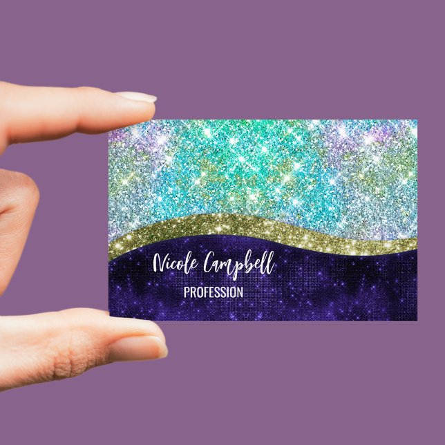 Chic iridescent purple blue faux glitter monogram 	Magnetic business card (Creator Uploaded)