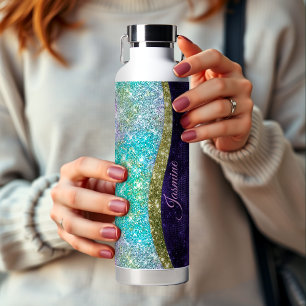 Chic iridescent purple blue faux glitter monogram water bottle