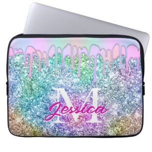 Chic iridescent unicorn pink faux glitter monogram laptop sleeve