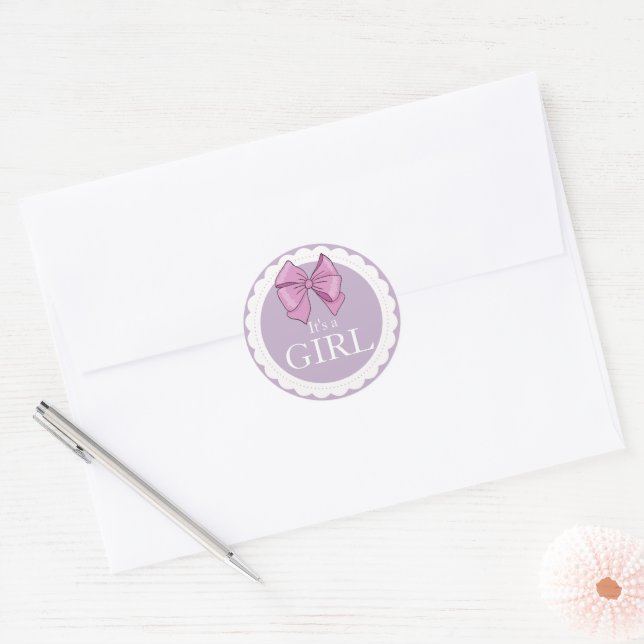 Chic It's A Girl Pink Bow Purple Classic Round Sticker (Envelope)
