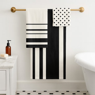 Chic Ivory Black Stripes Polka Dots Bath Towel Set