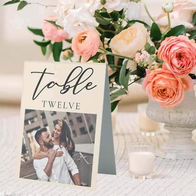 Chic Ivory Couple Photo Wedding Table Number (Creator Uploaded)