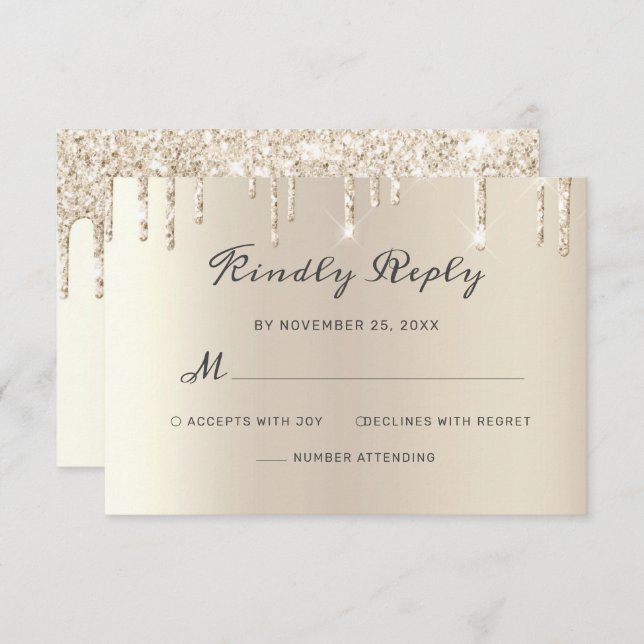 Chic Ivory Dripping Glitter Elegant Script Wedding RSVP Card (Front/Back)