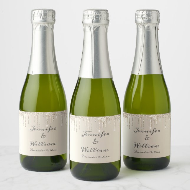 Chic Ivory Dripping Glitter Elegant Script Wedding Sparkling Wine Label (Bottles)