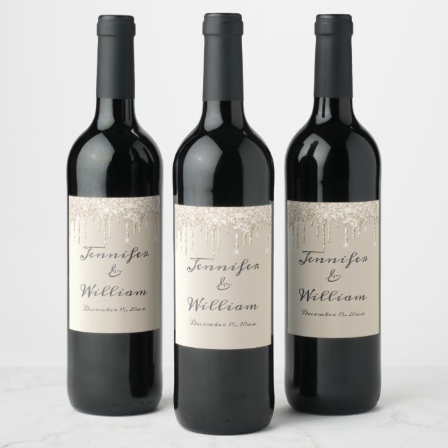 Chic Ivory Dripping Glitter Elegant Script Wedding Wine Label (Bottles)