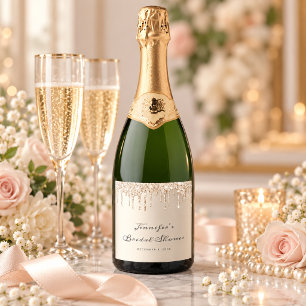 Chic Ivory Dripping Glitter Script Bridal Shower Wine Label