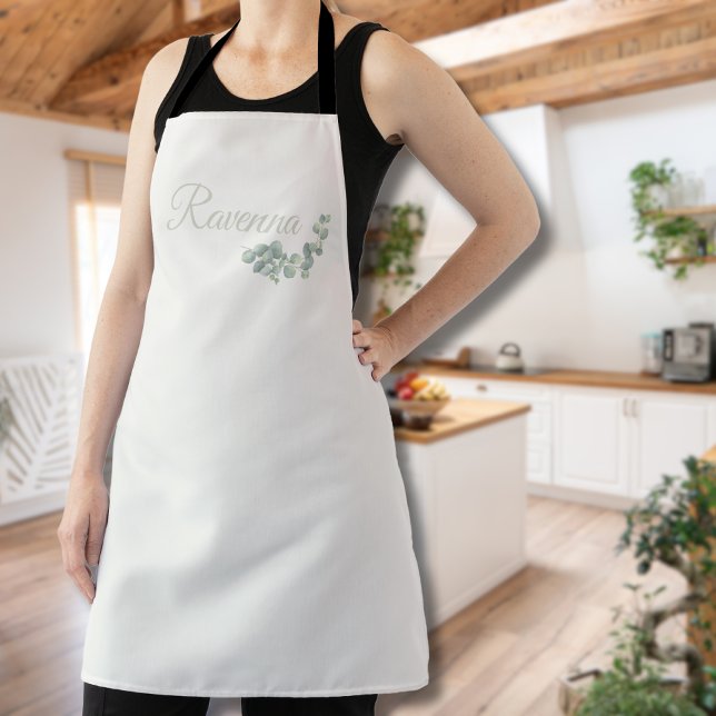 Chic Ivory Eucalyptus Sage Personalised Name Apron (Creator Uploaded)