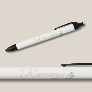Chic Ivory Eucalyptus Sage Personalised Name Black Ink Pen
