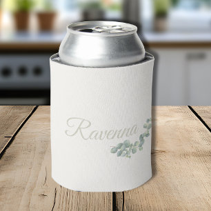 Chic Ivory Eucalyptus Sage Personalised Name Can Cooler