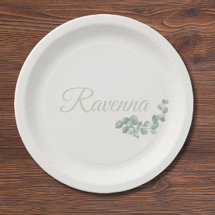 Chic Ivory Eucalyptus Sage Personalised Name Paper Plate