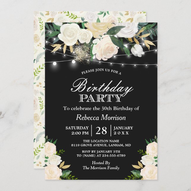 Chic Ivory Floral String Lights Birthday Party Invitation (Front/Back)