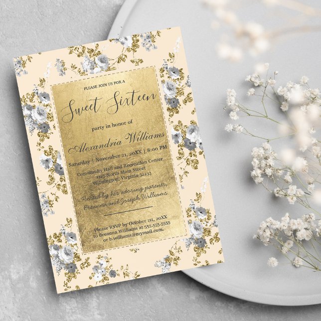 Chic ivory grey gold glitter floral Sweet 16 Invit Invitation (Chic ivory gray gold glitter floral Sweet 16 )