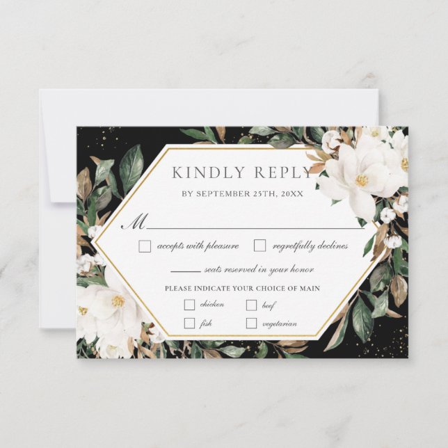Chic Ivory Magnolias Cotton Floral Wedding Meal  RSVP Card (Front)
