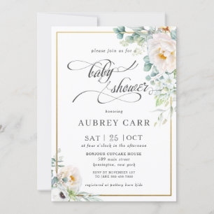Chic Ivory Peony Rose Floral Greenery Baby Shower  Invitation