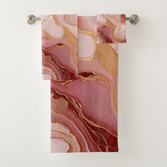 Chic Ivory, Terracotta, and Gold Marbleised  Bath Towel Set (Insitu)