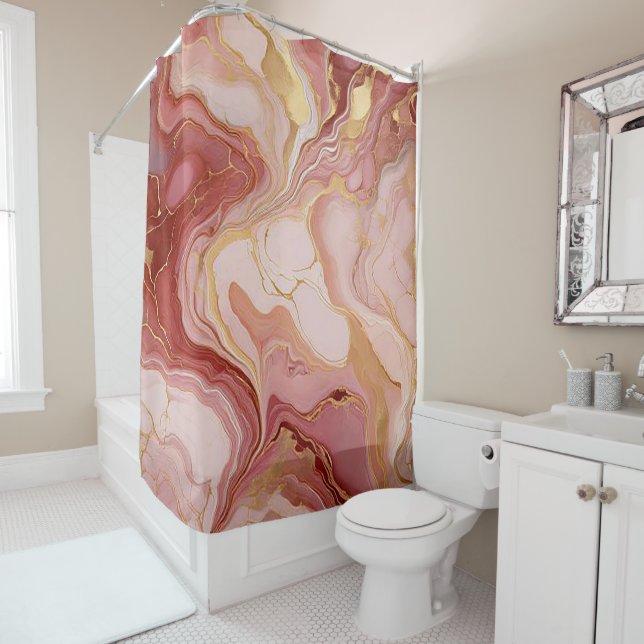 Chic Ivory, Terracotta, and Gold Marbleised  Shower Curtain (In Situ)