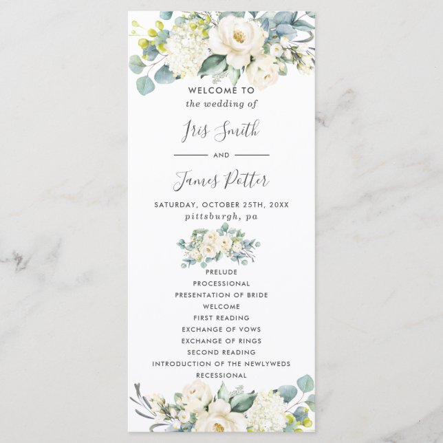 Chic Ivory White Floral Greenery Wedding Program (Front)